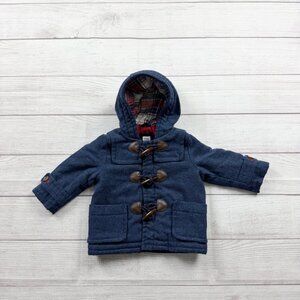 Gap Baby Hooded Toggle Coat Navy Blue Plaid Lined Winter Jacket 6-12 Months